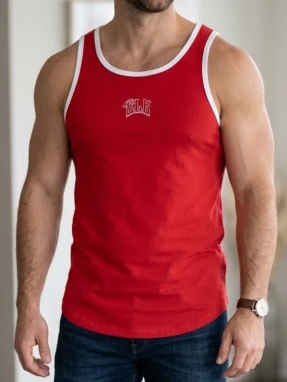 CLB Certified Lifters Brand Red Embroidered White Trim Tank Top Sz L